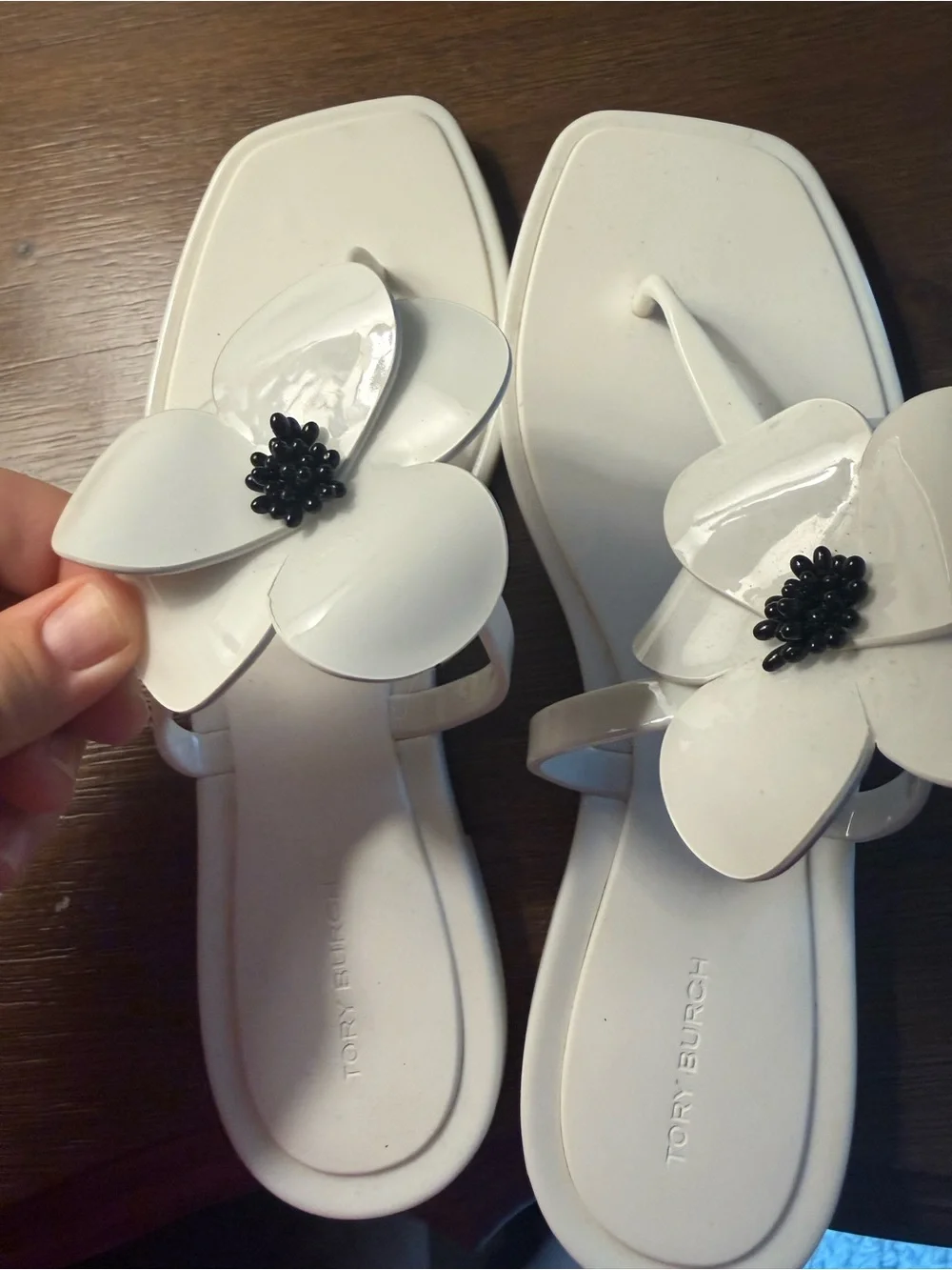 Tory Burch White Floral Jelly Thong Sandals with Black Bead Center